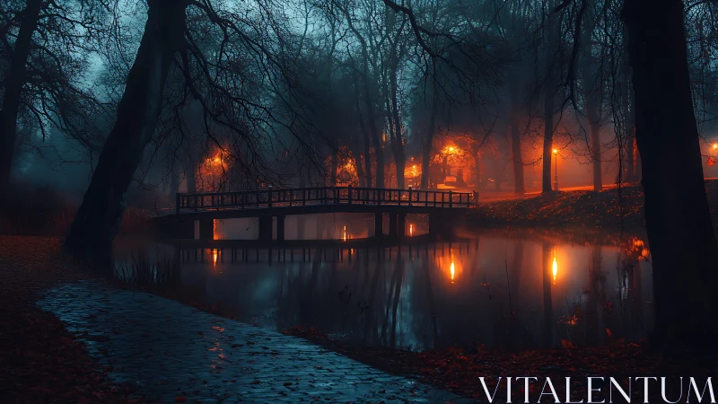 Misty park bridge over glowing lake at blue hour dusk.