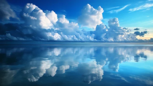 Soft clouds drift over a calm blue sea in gentle reflection
