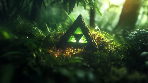 Glowing triangular relic embedded in dense forest floor.