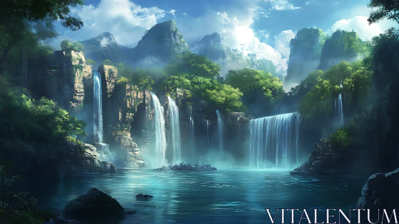 Luminescent tiered waterfalls in mist-laced mountain basin.