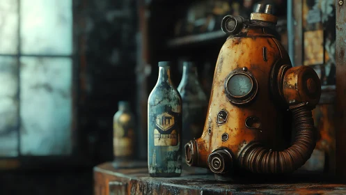 Rusty diver helm and potion bottles in moody steampunk bar.