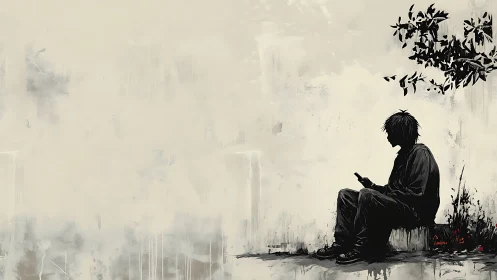 Quiet phone scroll under a leafy branch invites gentle pause