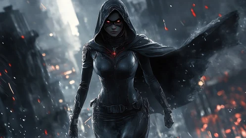 Hooded cybernetic sentinel in burning urban ruins at night.