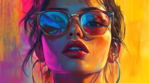 Bold neon portrait of a woman in sunglasses radiates heat