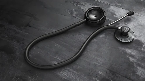 Black stethoscope rests on textured dark surface