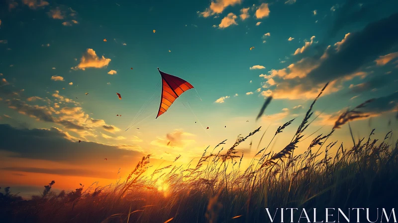 Kite over grass field under stratified sunset sky.