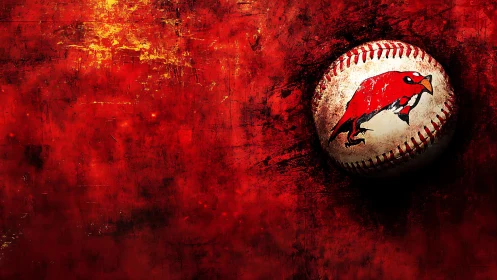 Weathered baseball with red bird emblem on grunge field.
