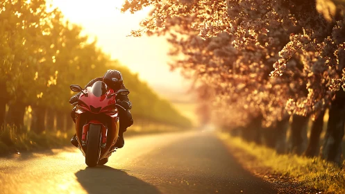 Motorcycle on rural road flanked by flowering trees at sunset.