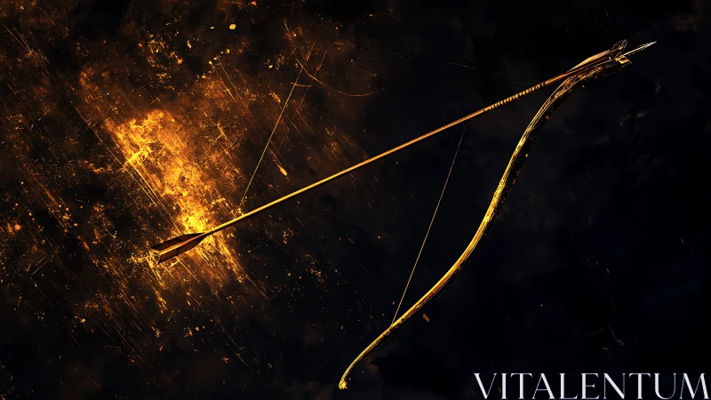 Golden recurve bow rests diagonally over molten dark field