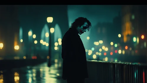 Solitary figure on wet city bridge at night faces railing