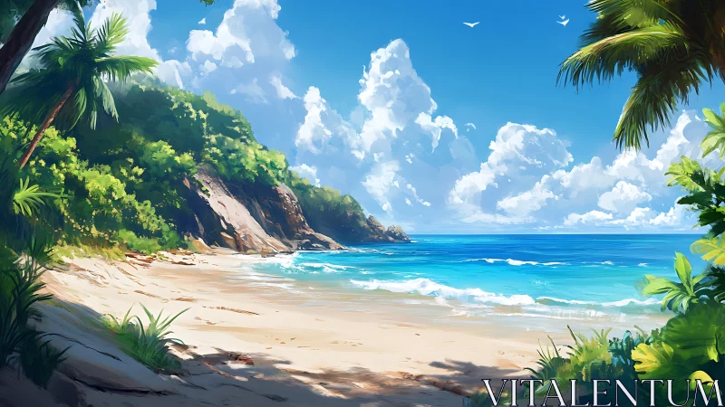 Tropical Beach Cove With Dramatic Cliffs and Palm Trees.