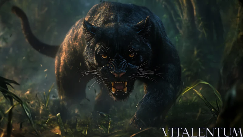Black Panther Snarling in Jungle.