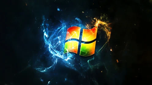 Glowing window logo shimmers in swirling cosmic energy