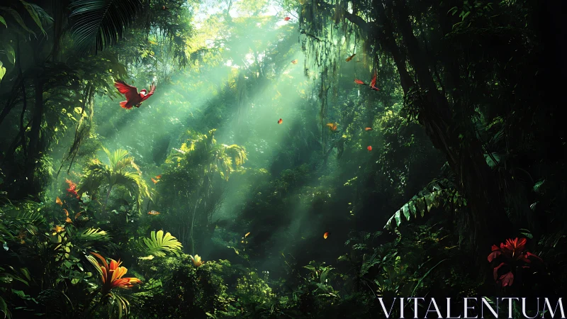 Volumetric sunbeams over dense tropical rainforest canopy