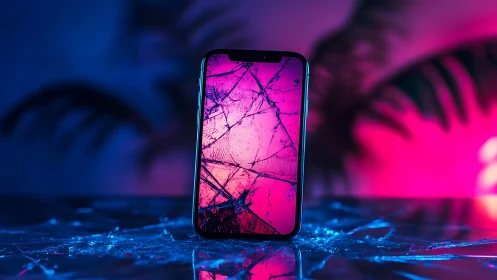 Shattered phone glowing in dreamy neon midnight colors.