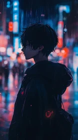Neo-noir anime profile under neon-soaked city rainscape.