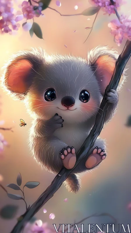 Digital painting of koala on blossom branch with soft bokeh light.