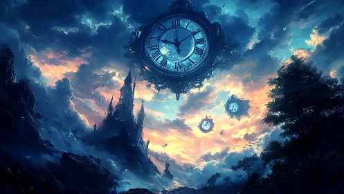 Skyborne clockwork drifts above a twilight kingdom of spires