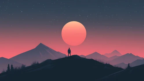 Silhouetted hiker on ridge under oversized sunset moonlit sky