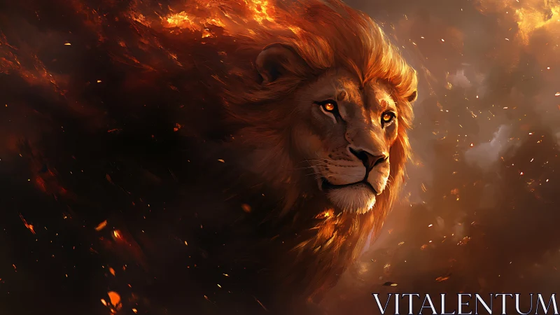 Majestic firelit lion emerging through swirling embers.