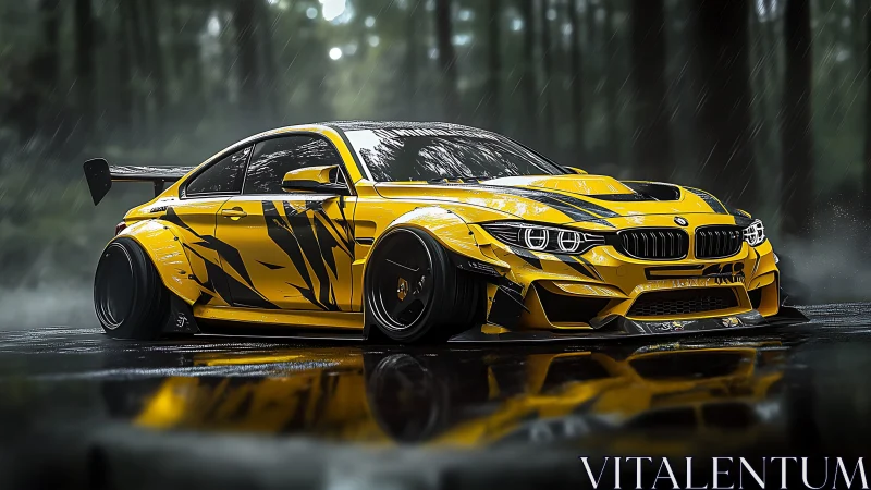 Yellow widebody race coupe under cinematic forest rainfall.