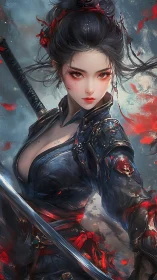 Scarred sword maiden confronts storm in crimson-slashed armor