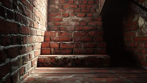 Brick Stairwell Interior: Rustic Architecture with Layered Shadow Composition