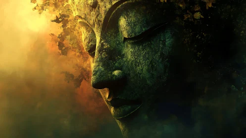 Buddha stone visage emerging through golden ethereal mist.