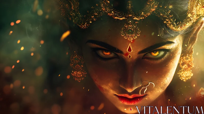 Fierce goddess portrait with fiery eyes and gold crown.