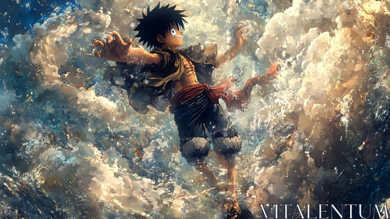 Anime boy suspended in dynamic swirling cloud explosion