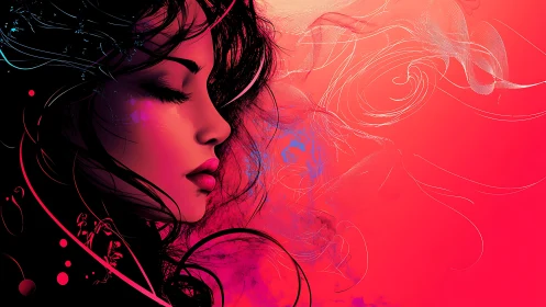 Digital portrait of neon-lit woman in flowing abstract lines.