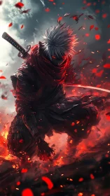 Sword-wielding masked warrior kneels amid swirling embers