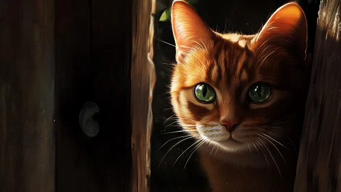 Golden Guardian Peeks Through Weathered Shadows