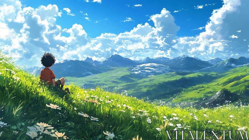 Solitary child gazes over sunlit alpine valley in quiet awe