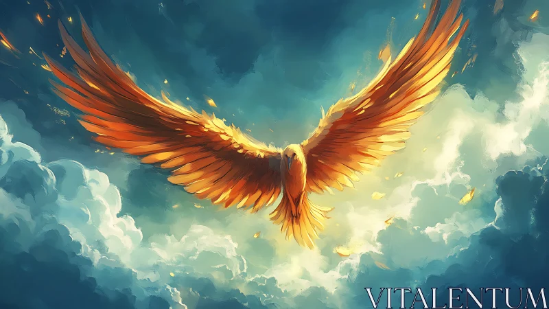Majestic Fiery Phoenix Soaring in Vibrant Painted Sky.