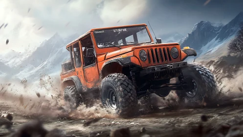 Orange off-road jeep powers through muddy alpine trail