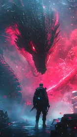 Armored soldier confronts bioluminescent cyber-dragon in neon fog