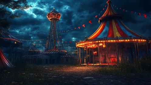 Midnight carnival spins quiet sparks beneath stormy clouds