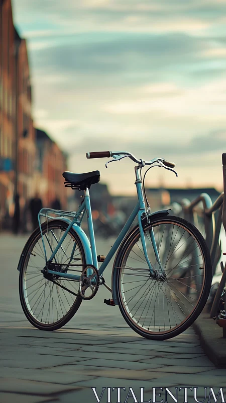 Vintage Blue Bicycle Parked on Urban Brick Promenade.