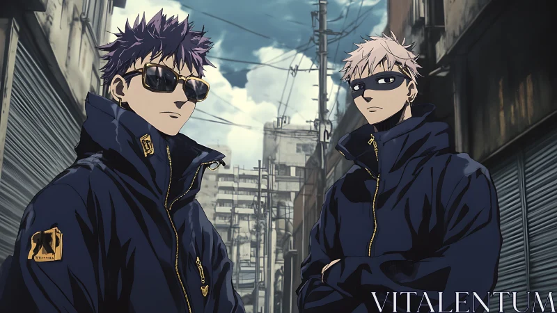 Masked duo stand in narrow urban alley under cloudy sky
