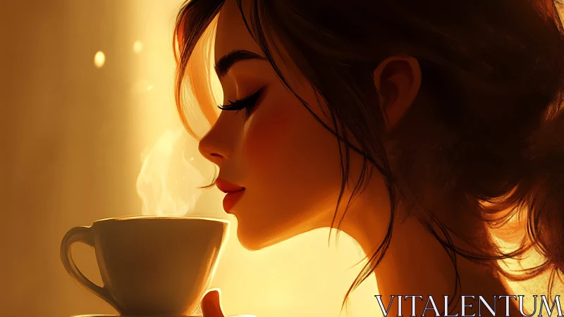 Profile view of woman with steaming cup in warm light.