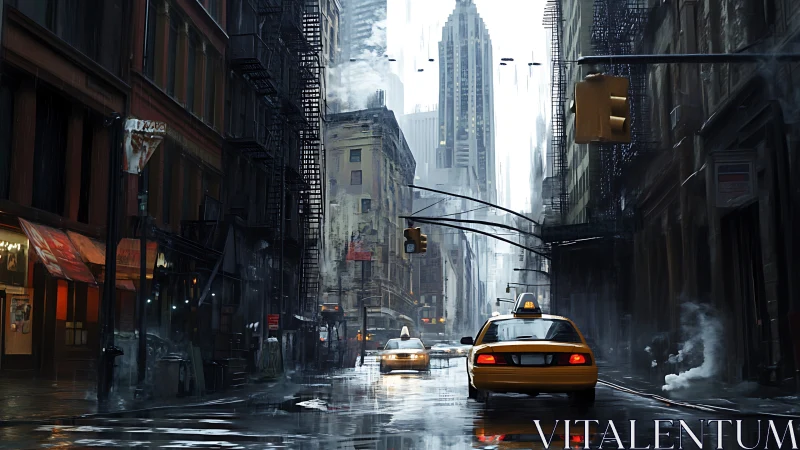 Warm yellow taxis gliding through a rainy city evening.