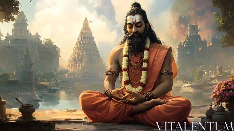 Meditating sage before riverside Dravidian temple complex.