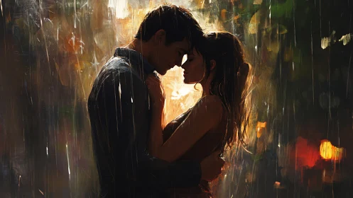Luminous Intimate Embrace: Oil Painted Couple in Atmospheric Golden Rain