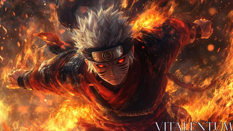 Fiery anime warrior charges through swirling embers of battle