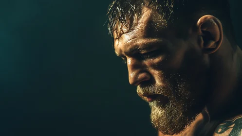 Determined fighter portrait under dramatic low-key light.