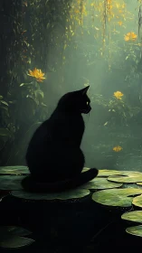 Quiet black cat gazes over a glowing lily pond at dusk