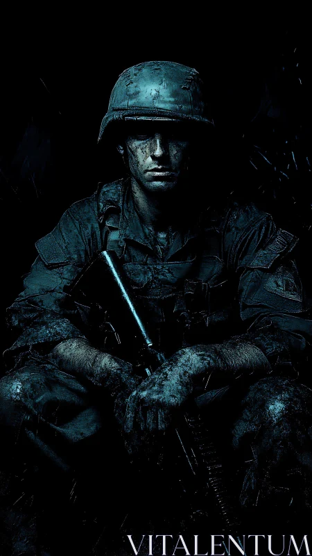 Low-key tactical portrait of seated infantry soldier in shadow.