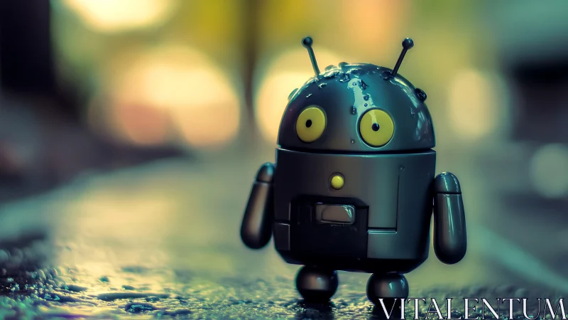 Small wet robot toy stands on blurred rainy street