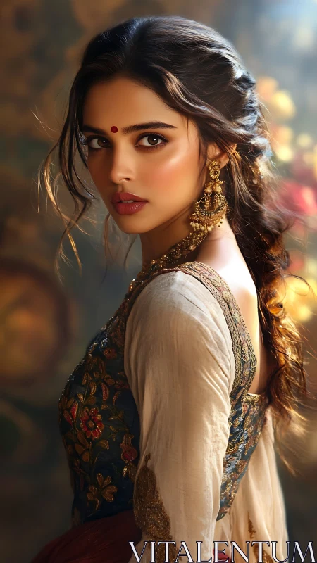 Portrait of woman in embroidered attire with warm light.